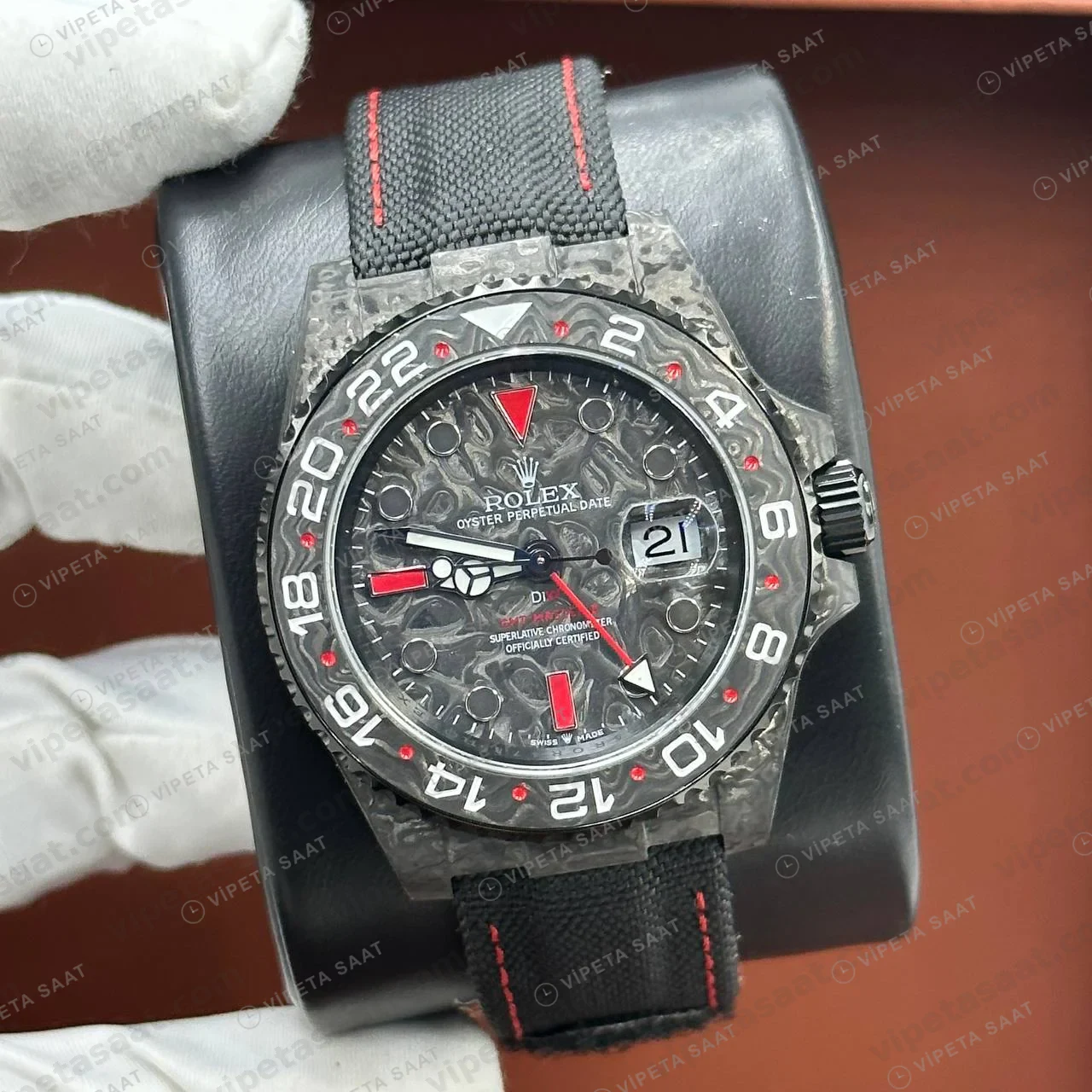 Rolex GMT-Master II Karbon Kasa Pave Kadran Kordon Super Clone ETA Saat ön yüz