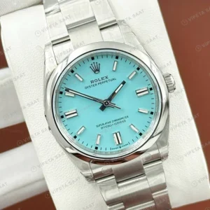 Rolex Oyster Perpetual 126000 41 mm Tiffany Turkuaz Kadranlı Super Clone Eta Saat karşıdan görünüm