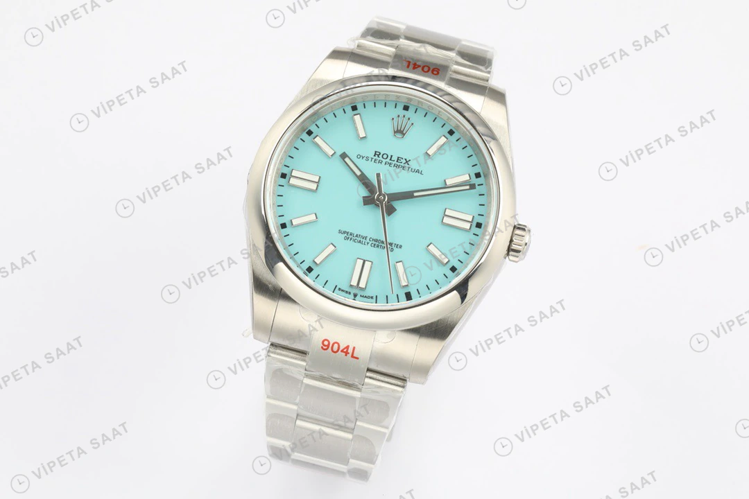 Rolex Oyster Perpetual Buz Mavi 41mm Oyster Super Clone ETA Saat yan görünüm