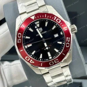 TAG Heuer Aquaracer Siyah Kadran Kırmızı Bezel Çelik Super Clone ETA Saat detay 4