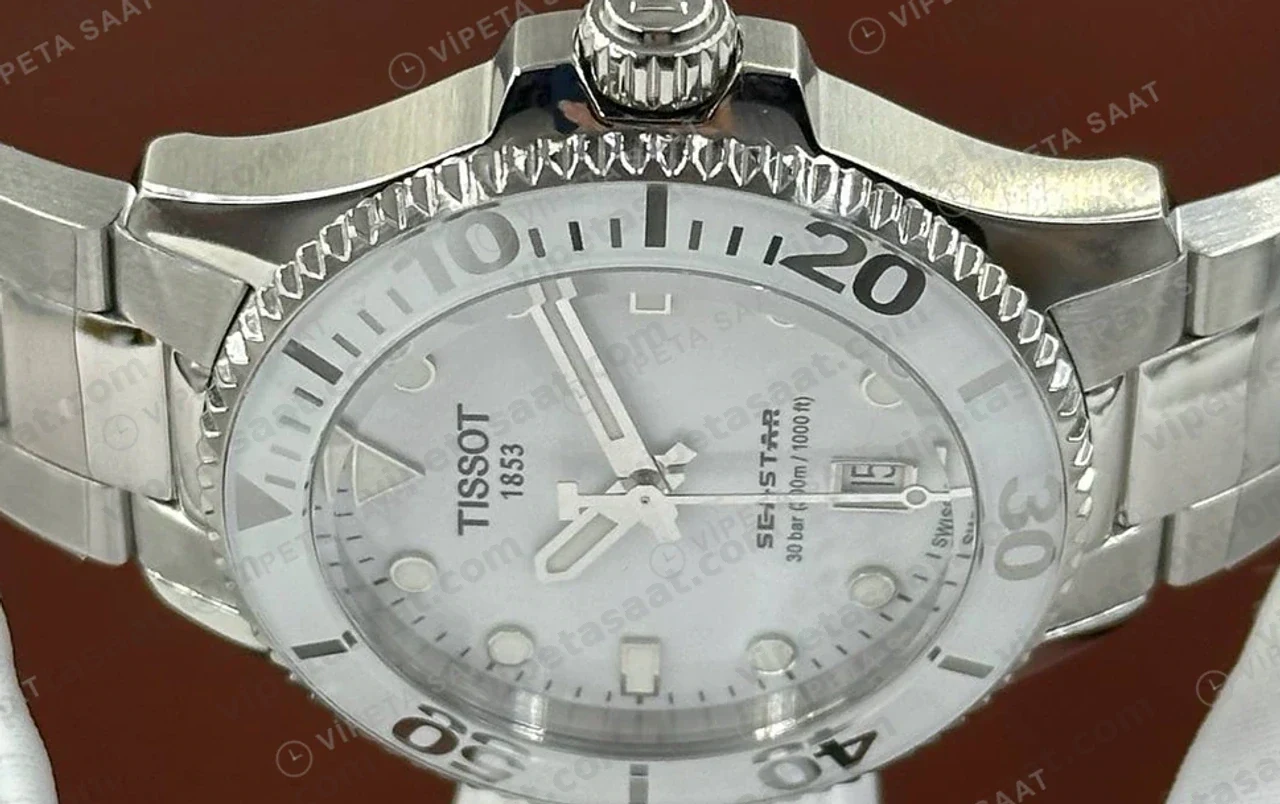 Tissot Seastar Beyaz Kadran Çelik Dalis Eta Saat detay görünüm