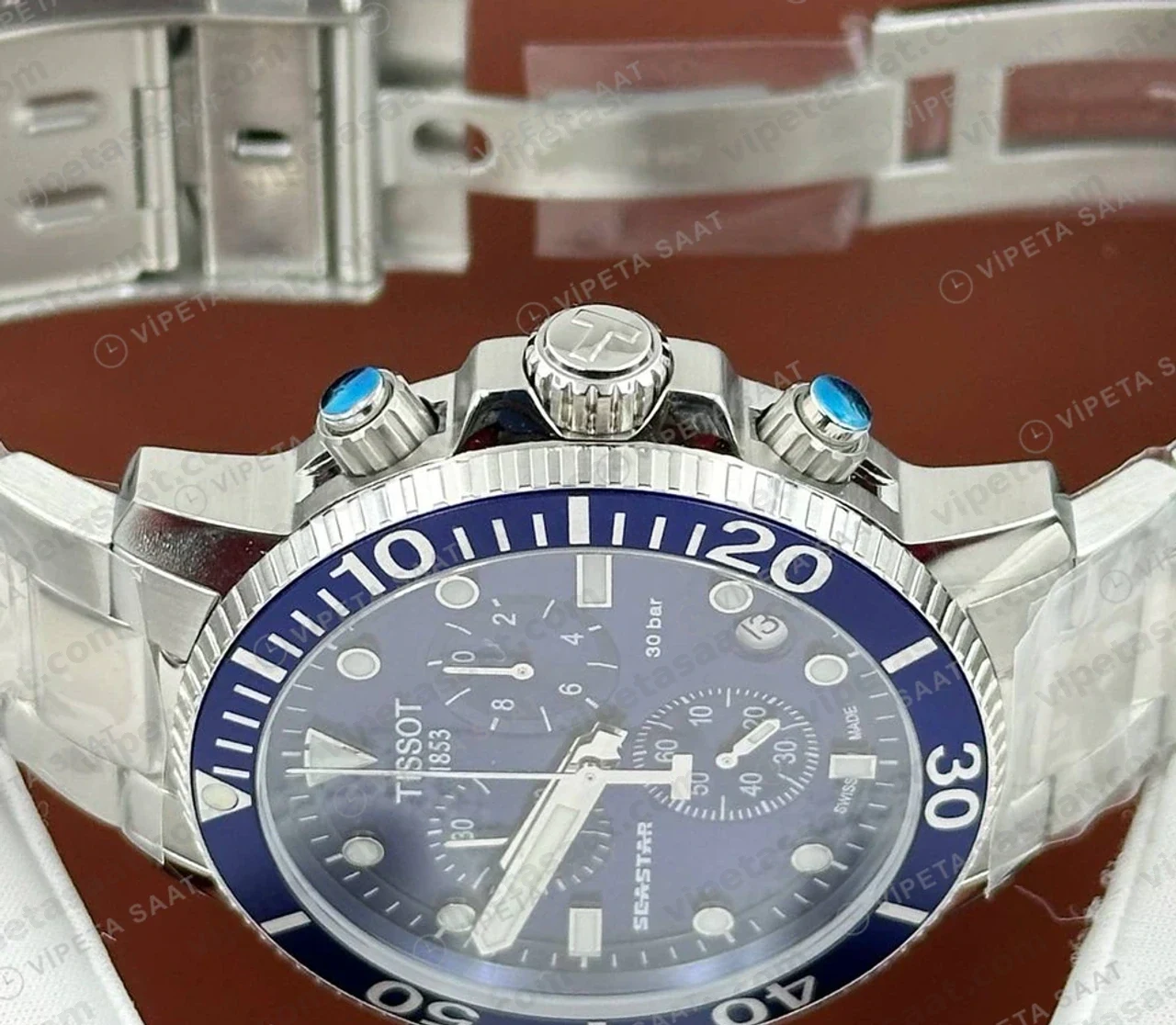 Tissot Seastar Mavi Kronograf Çelik Bileklik TIS0085 Saat Eta Saat detay görünüm