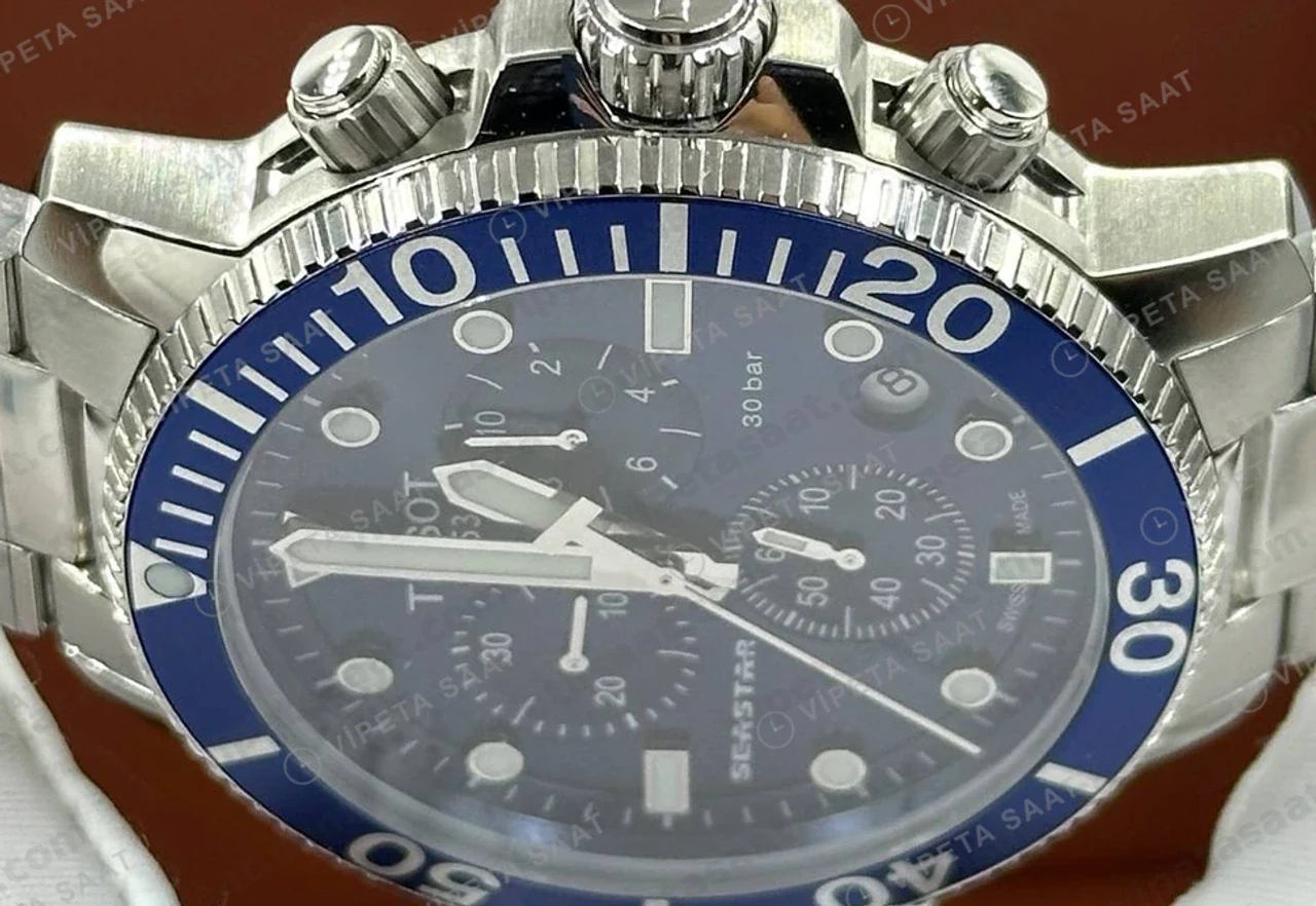 Tissot Seastar Mavi Kronograf Çelik Duz Eta Saat kadran detayı