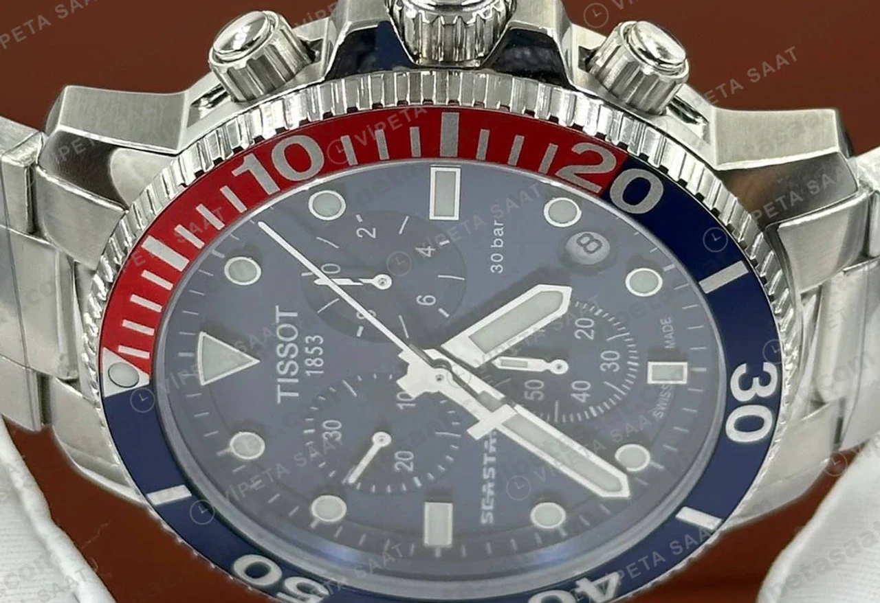 Tissot Seastar Mavi Kronograf Kırmızı Bezel Çelik Eta Saat kadran detayı