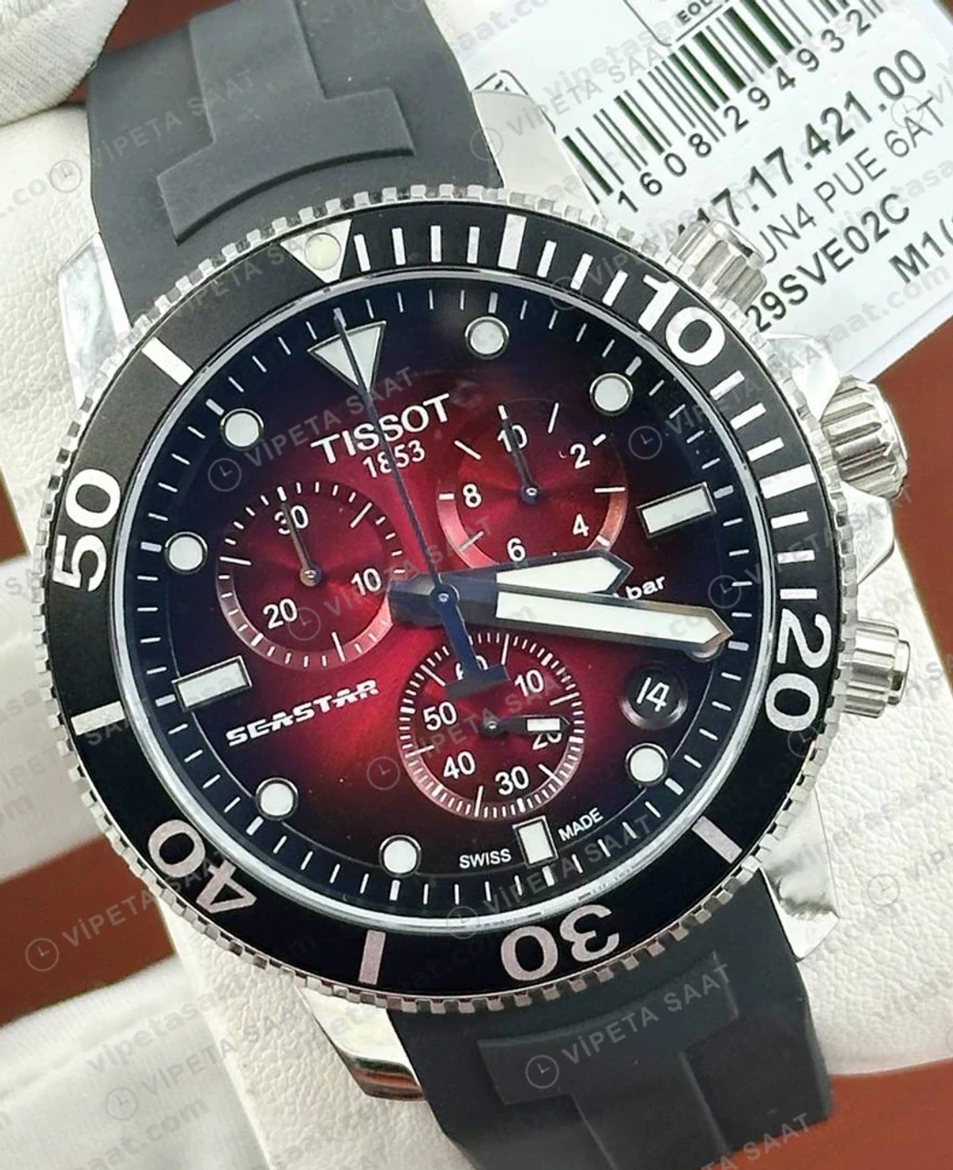 Tissot Seastar Siyah Kırmızı Kronograf Kauçuk Eta Saat