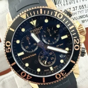 Tissot Seastar Siyah Kronograf Altın Bezel Kauçuk Eta Saat