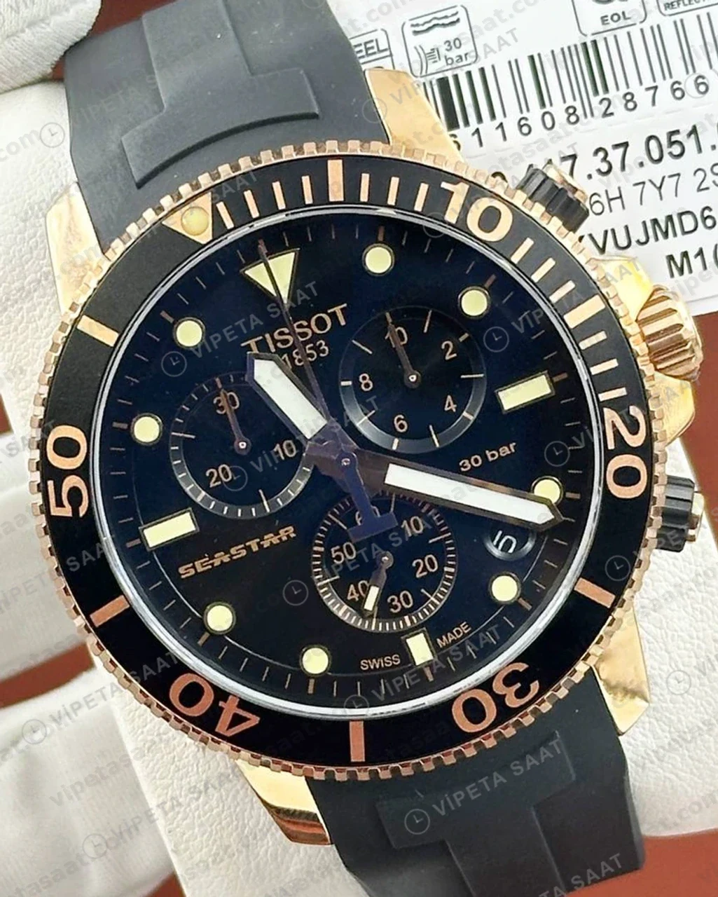 Tissot Seastar Siyah Kronograf Altın Bezel Kauçuk Eta Saat