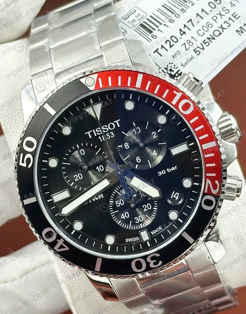 Tissot Seastar Siyah Kronograf Kırmızı Bezel Bileklik Eta Saat