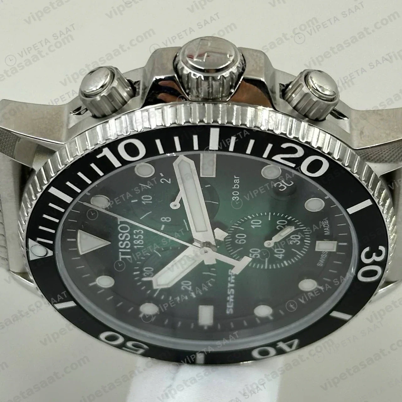 Tissot Seastar Yeşil Kronograf Kauçuk Siyah Eta Saat kadran detayı