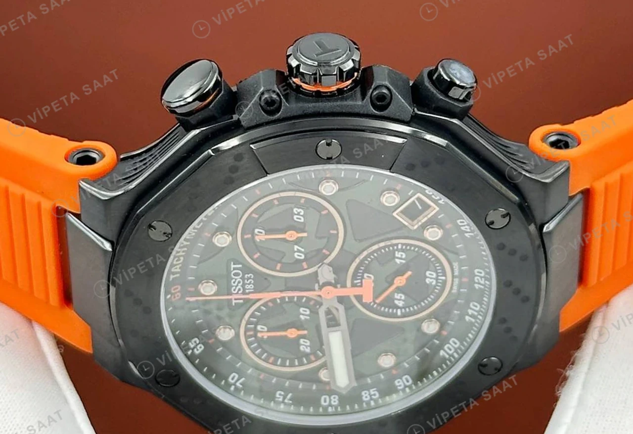Tissot T-Race Siyah Kronograf Turuncu Kauçuk Gece Super Clone ETA Saat detay 3