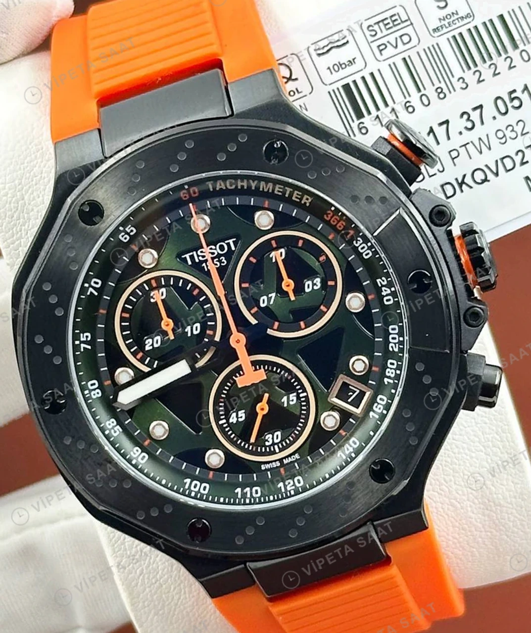 Tissot T-Race Siyah Kronograf Turuncu Kauçuk Gece Super Clone ETA Saat detay 6