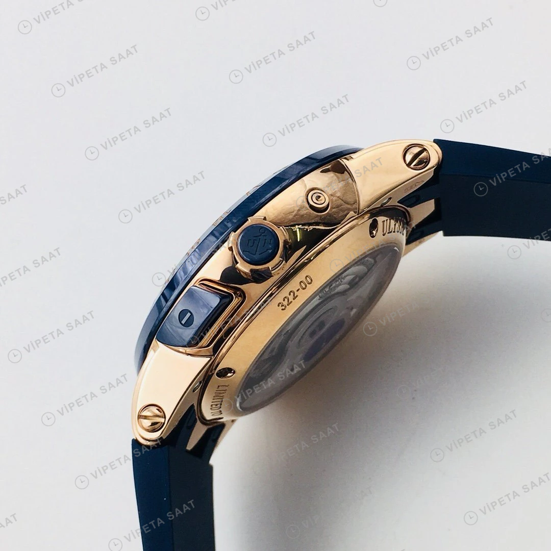 Ulysse Nardin El Toro GMT Perpetual Beyaz Kadran Mavi Bezel Rose Gold Kauçuk 43mm Super Clone ETA Eta Saat detay 3