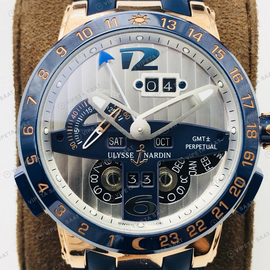 Ulysse Nardin El Toro GMT Perpetual Beyaz Kadran Mavi Bezel Rose Gold Kauçuk 43mm Super Clone ETA Eta Saat detay 5