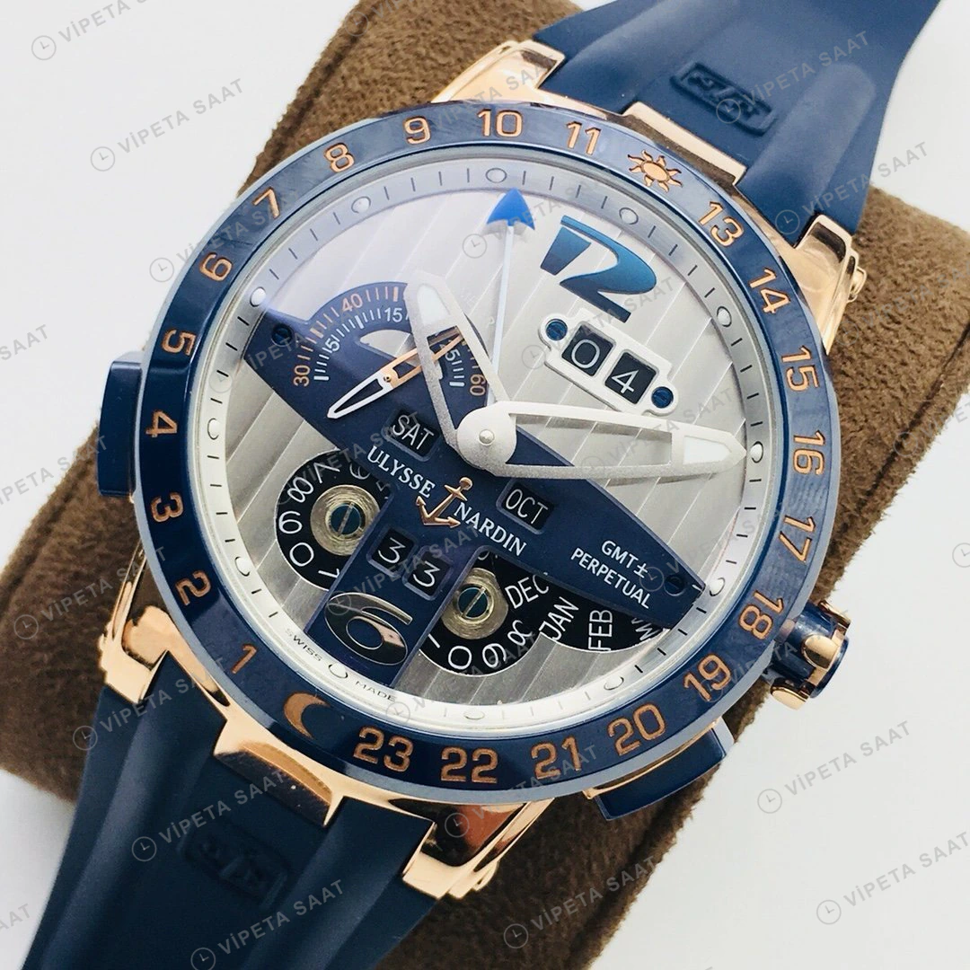 Ulysse Nardin El Toro GMT Perpetual Beyaz Kadran Mavi Bezel Rose Gold Kauçuk 43mm Super Clone ETA Eta Saat detay 7