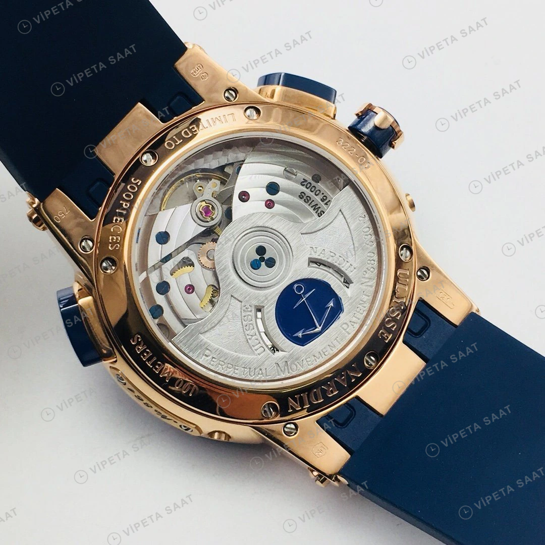 Ulysse Nardin El Toro GMT Perpetual Beyaz Kadran Mavi Bezel Rose Gold Kauçuk 43mm Super Clone ETA Eta Saat detay 8