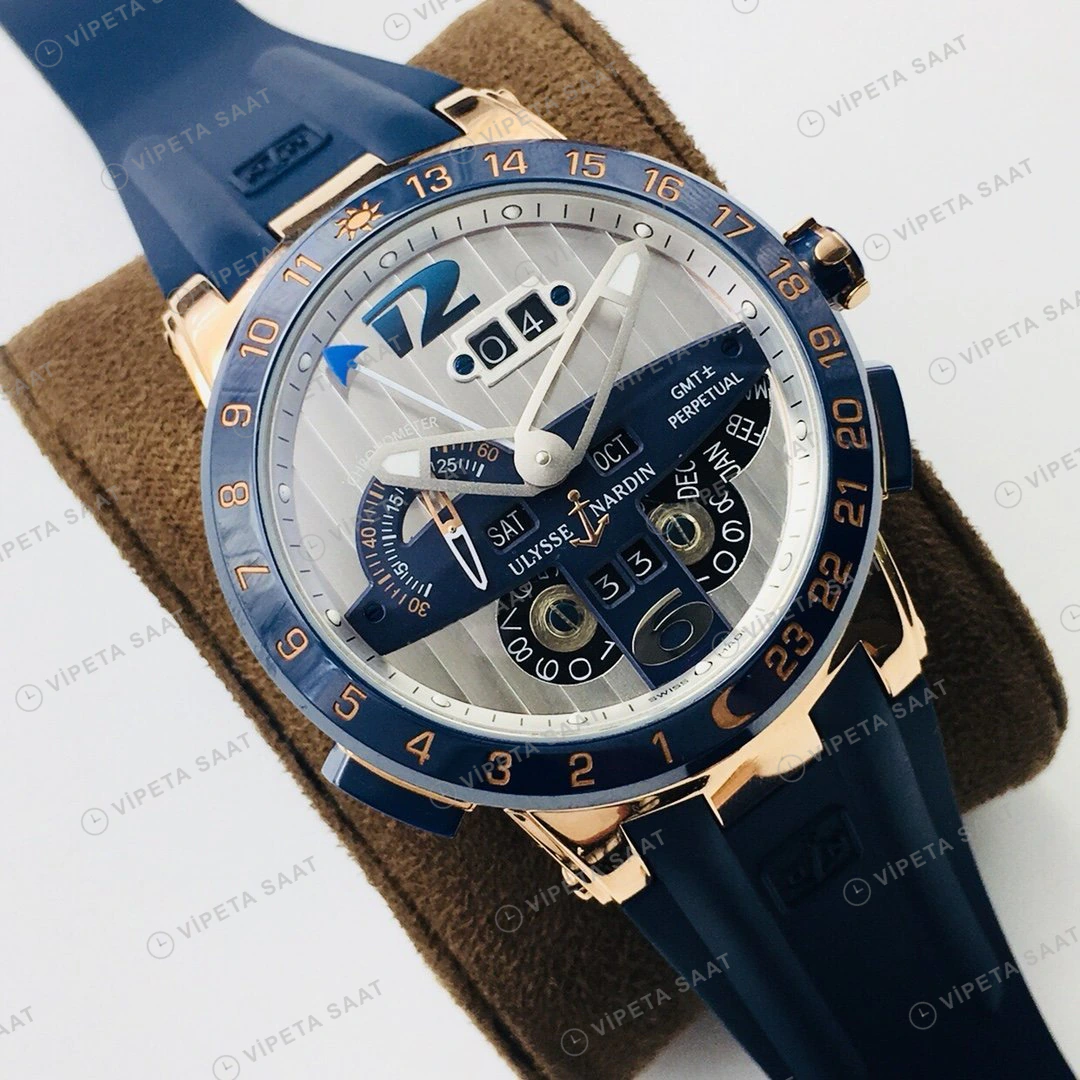 Ulysse Nardin El Toro GMT Perpetual Beyaz Kadran Mavi Bezel Rose Gold Kauçuk 43mm Super Clone ETA Eta Saat detay 9