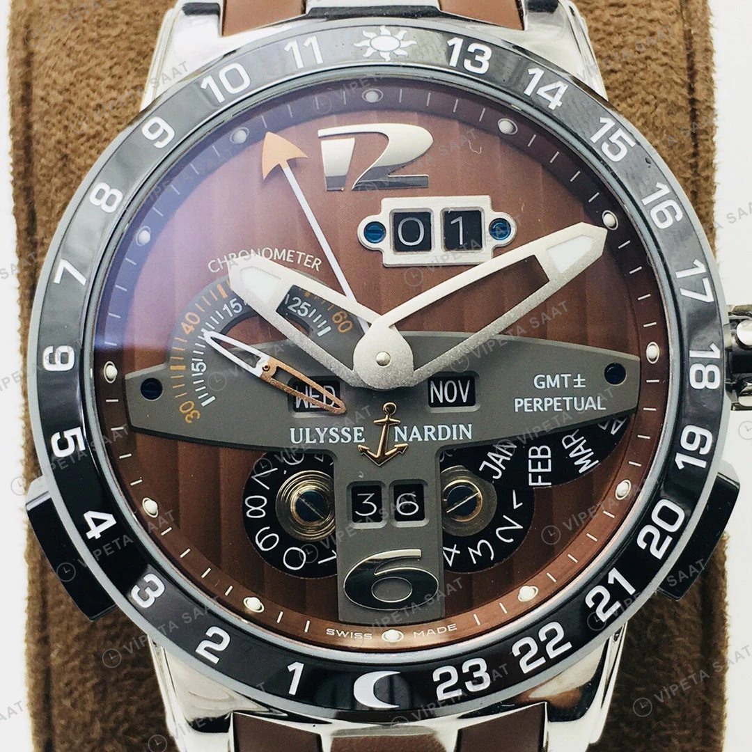 Ulysse Nardin El Toro GMT Perpetual Kahve Kadran Çelik Kauçuk 43mm Super Clone ETA Eta Saat karşıdan görünüm