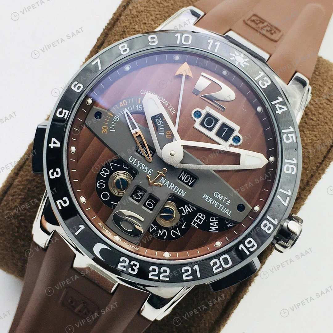 Ulysse Nardin El Toro GMT Perpetual Kahve Kadran Çelik Kauçuk 43mm Super Clone ETA Eta Saat detay 6