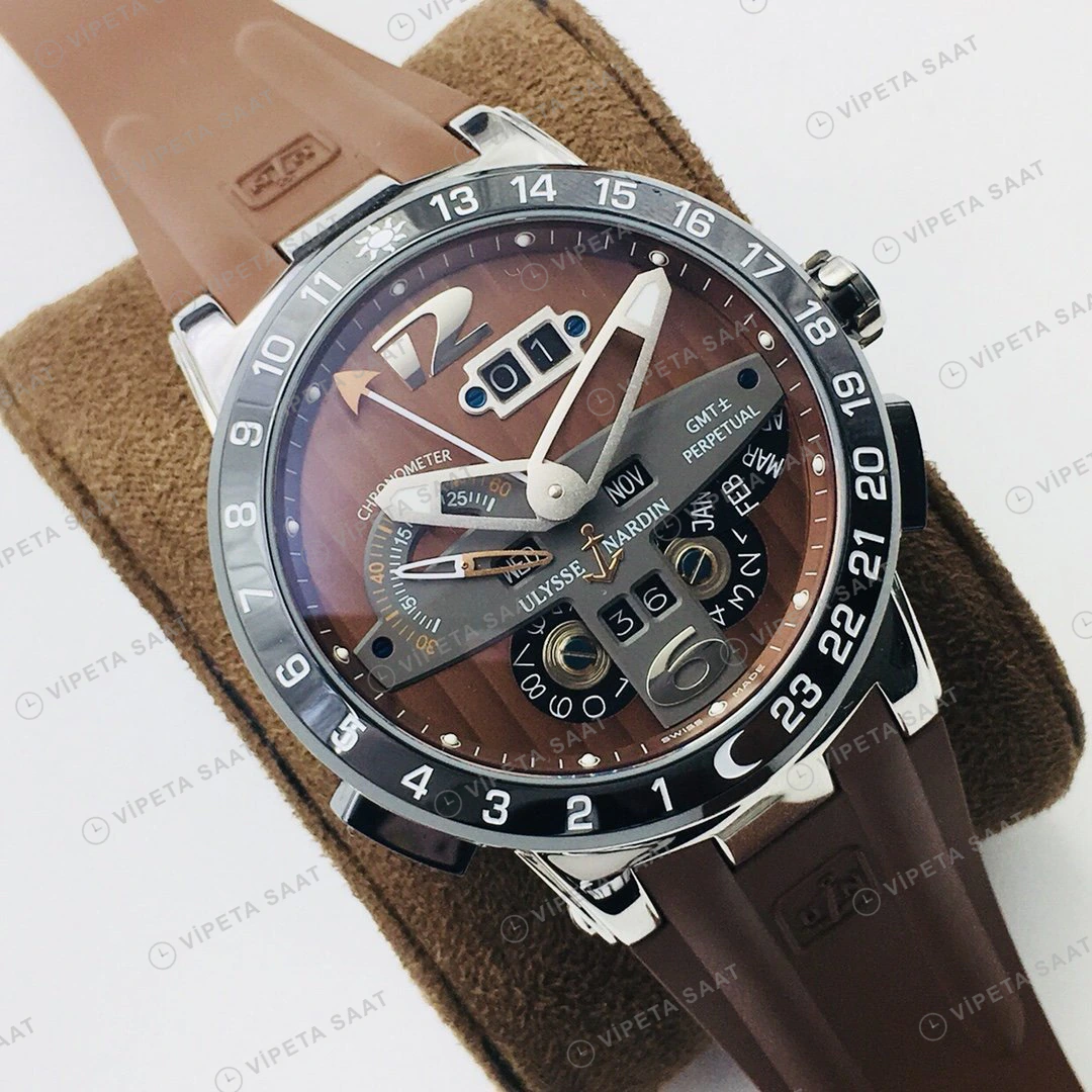Ulysse Nardin El Toro GMT Perpetual Kahve Kadran Çelik Kauçuk 43mm Super Clone ETA Eta Saat detay 9