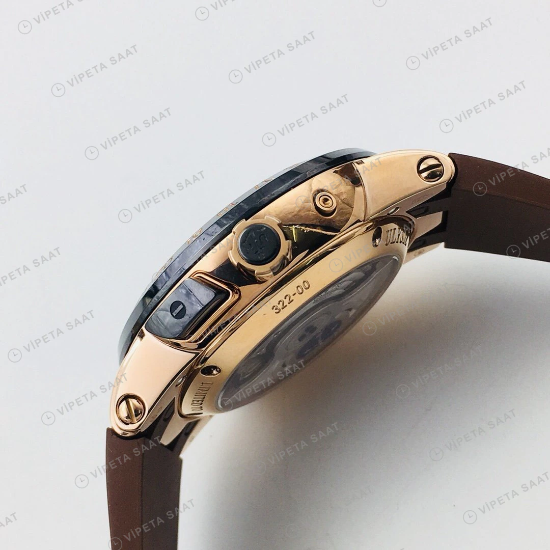 Ulysse Nardin El Toro GMT Perpetual Kahve Kadran Rose Gold Kauçuk 43mm Super Clone ETA Eta Saat karşıdan görünüm