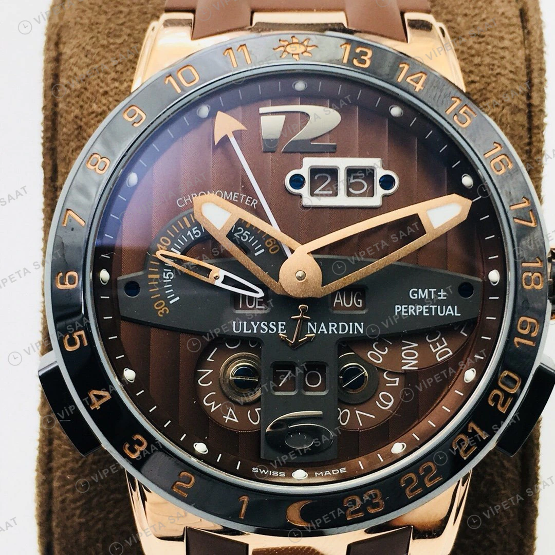 Ulysse Nardin El Toro GMT Perpetual Kahve Kadran Rose Gold Kauçuk 43mm Super Clone ETA Eta Saat detay 5