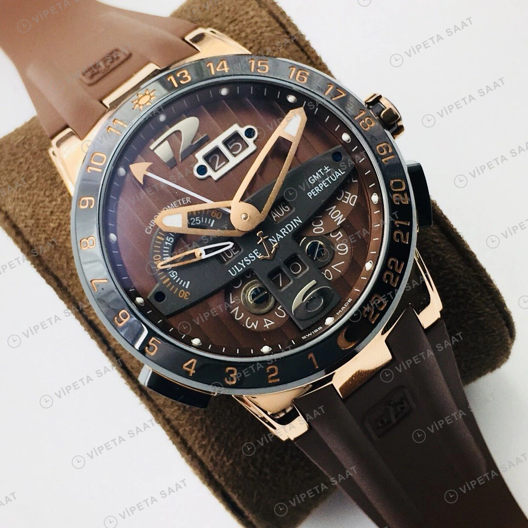 Ulysse Nardin El Toro GMT Perpetual Kahve Kadran Rose Gold Kauçuk 43mm Super Clone ETA Eta Saat detay 7