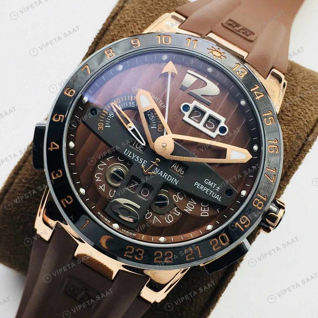 Ulysse Nardin El Toro GMT Perpetual Kahve Kadran Rose Gold Kauçuk 43mm Super Clone ETA Eta Saat detay 8