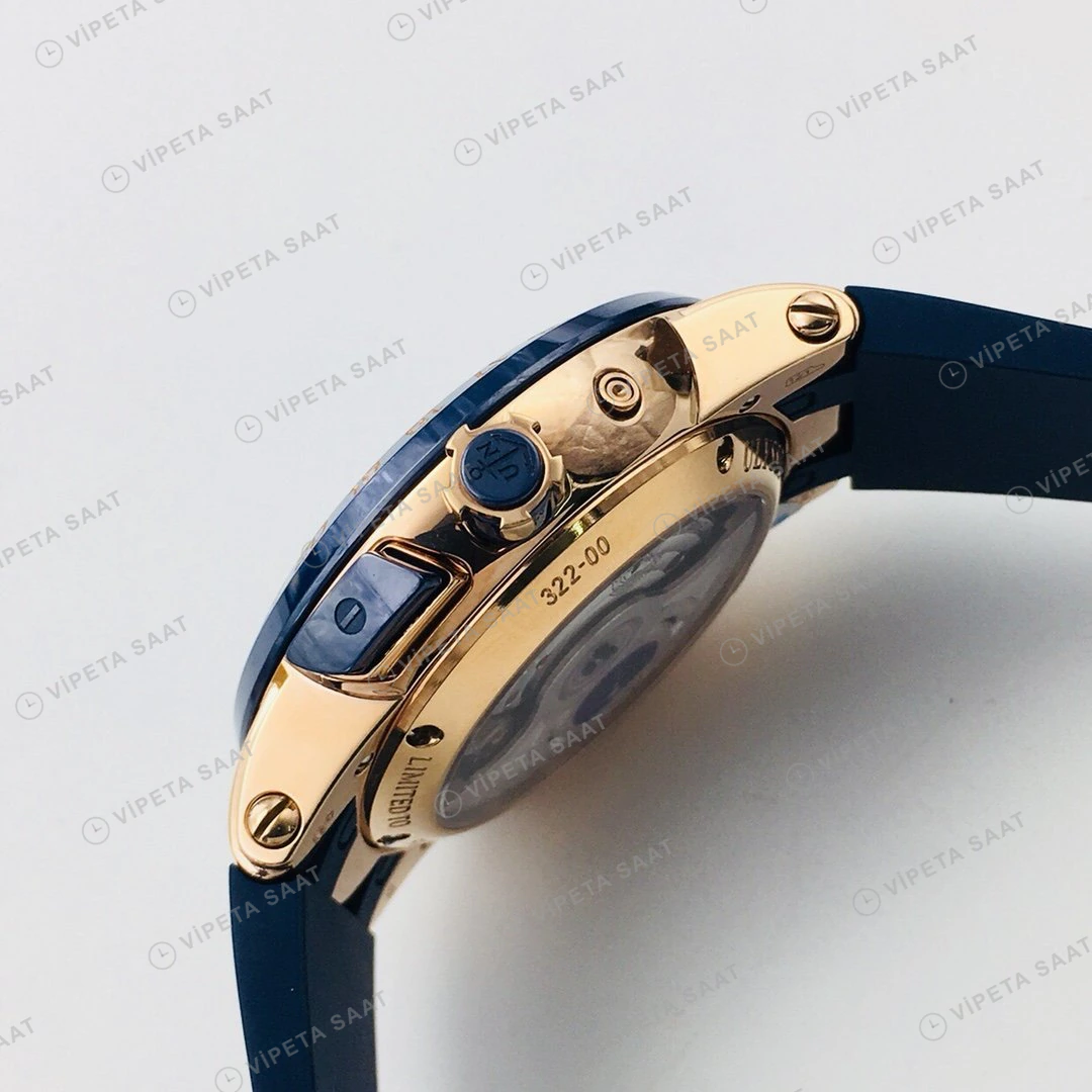Ulysse Nardin El Toro GMT Perpetual Mavi Kadran Rose Gold Kauçuk 43mm Super Clone ETA Eta Saat detay 4