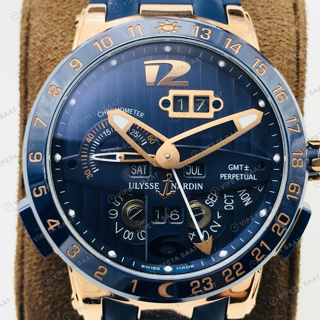 Ulysse Nardin El Toro GMT Perpetual Mavi Kadran Rose Gold Kauçuk 43mm Super Clone ETA Eta Saat detay 5