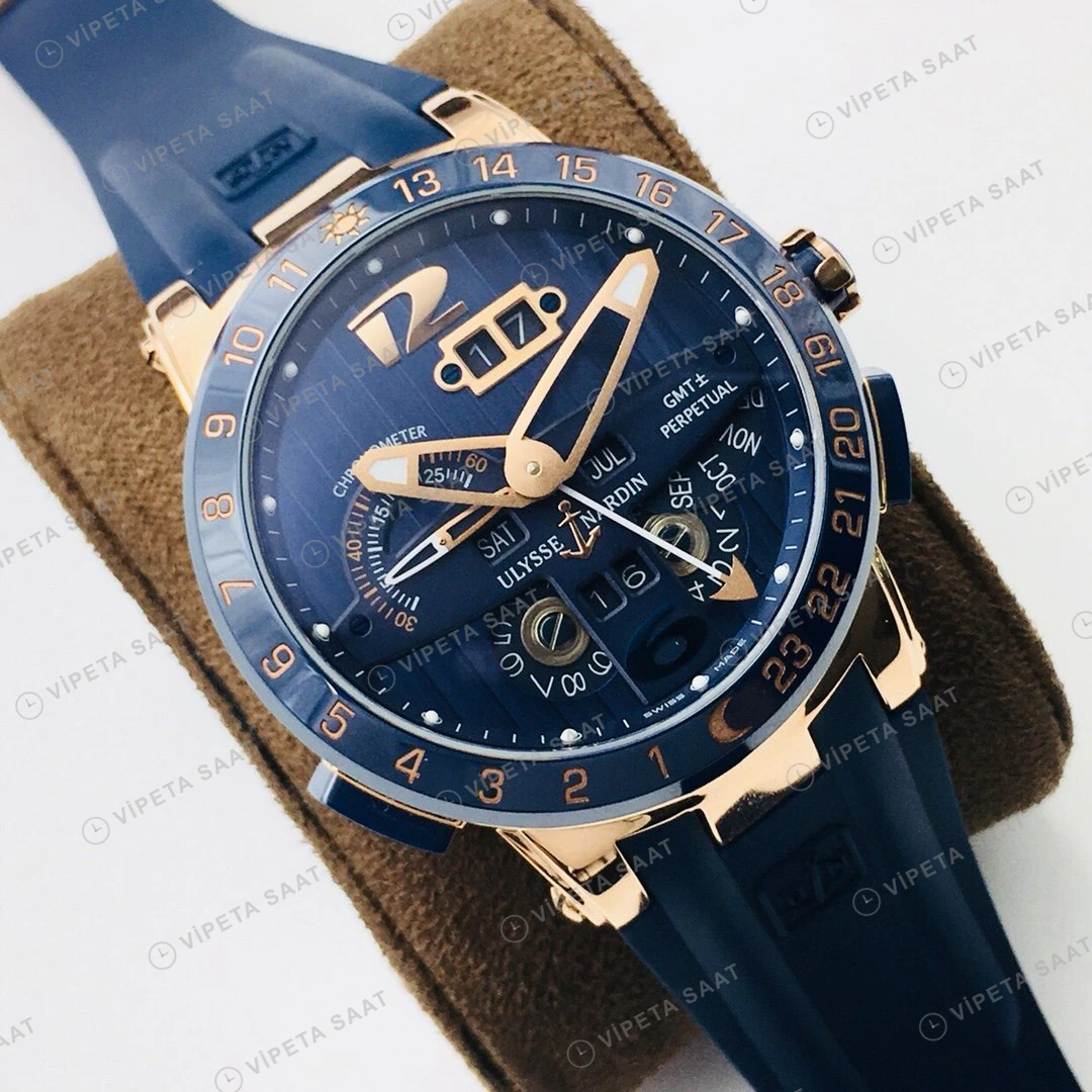 Ulysse Nardin El Toro GMT Perpetual Mavi Kadran Rose Gold Kauçuk 43mm Super Clone ETA Eta Saat detay 6