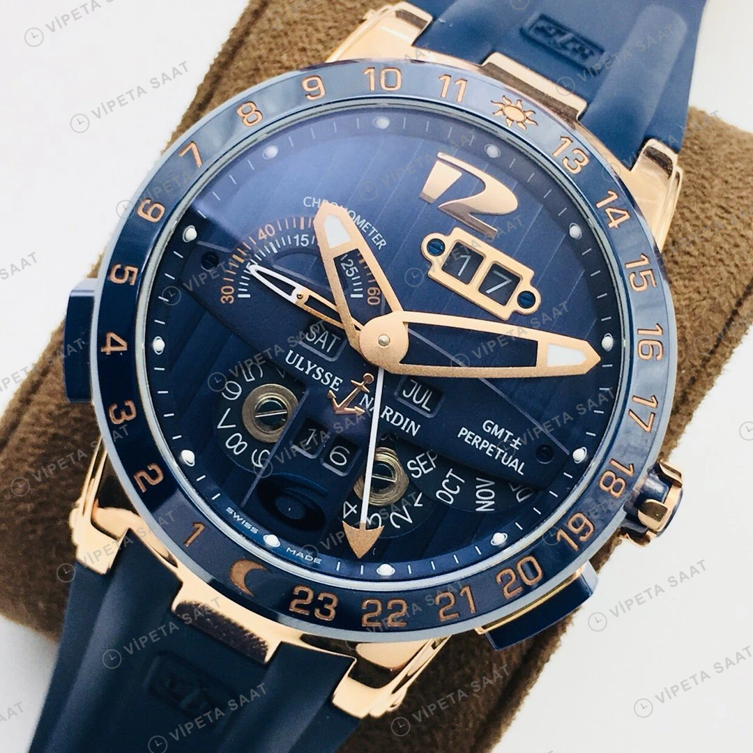 Ulysse Nardin El Toro GMT Perpetual Mavi Kadran Rose Gold Kauçuk 43mm Super Clone ETA Eta Saat detay 7