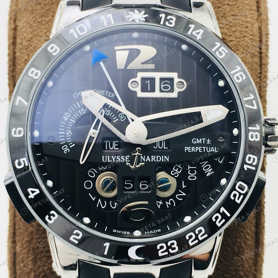 Ulysse Nardin El Toro GMT Perpetual Siyah Kadran Çelik Super Clone ETA Eta Saat detay 4