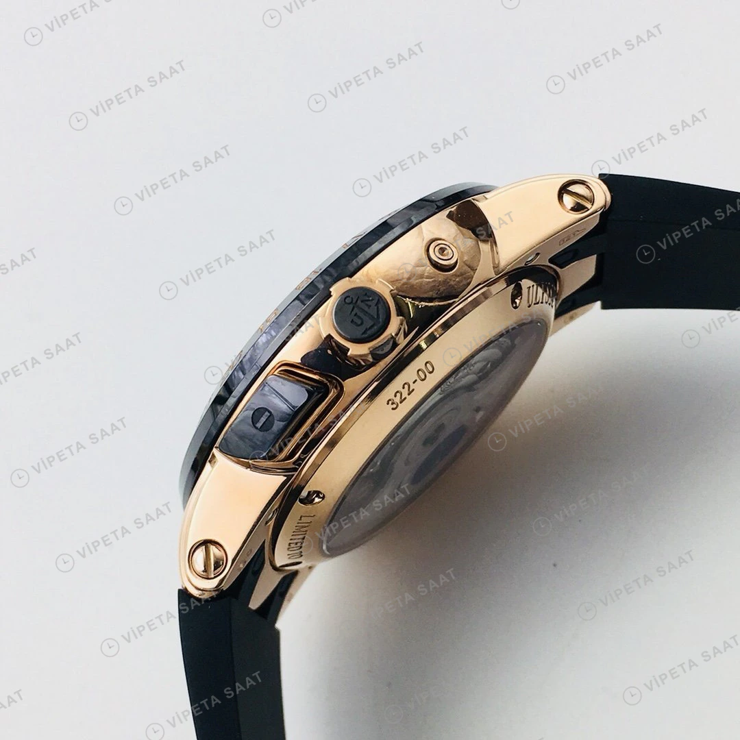 Ulysse Nardin El Toro GMT Perpetual Siyah Kadran Rose Gold Kauçuk 43mm Super Clone ETA Eta Saat detay 3