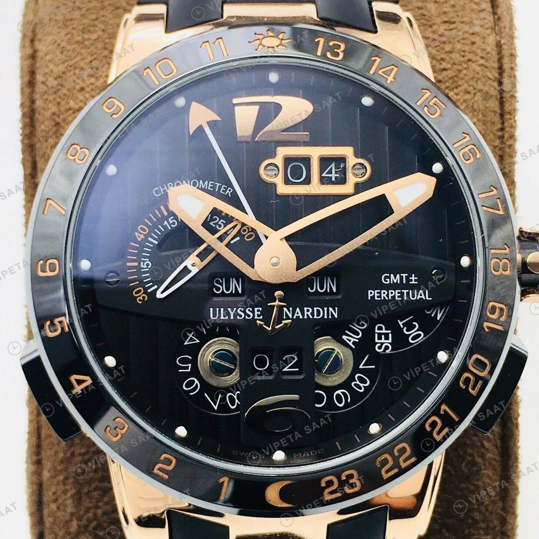 Ulysse Nardin El Toro GMT Perpetual Siyah Kadran Rose Gold Kauçuk 43mm Super Clone ETA Eta Saat detay 5