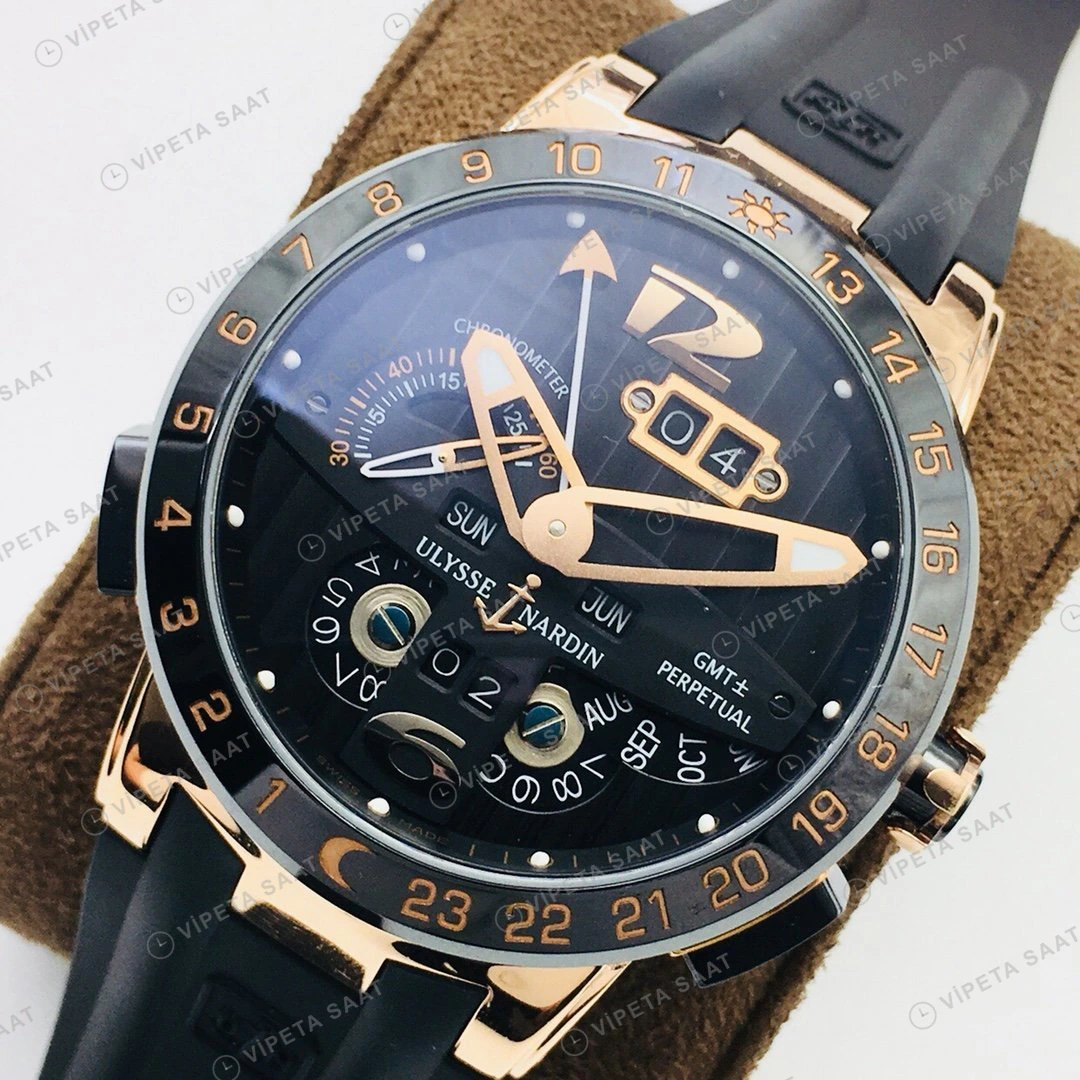 Ulysse Nardin El Toro GMT Perpetual Siyah Kadran Rose Gold Kauçuk 43mm Super Clone ETA Eta Saat detay 6