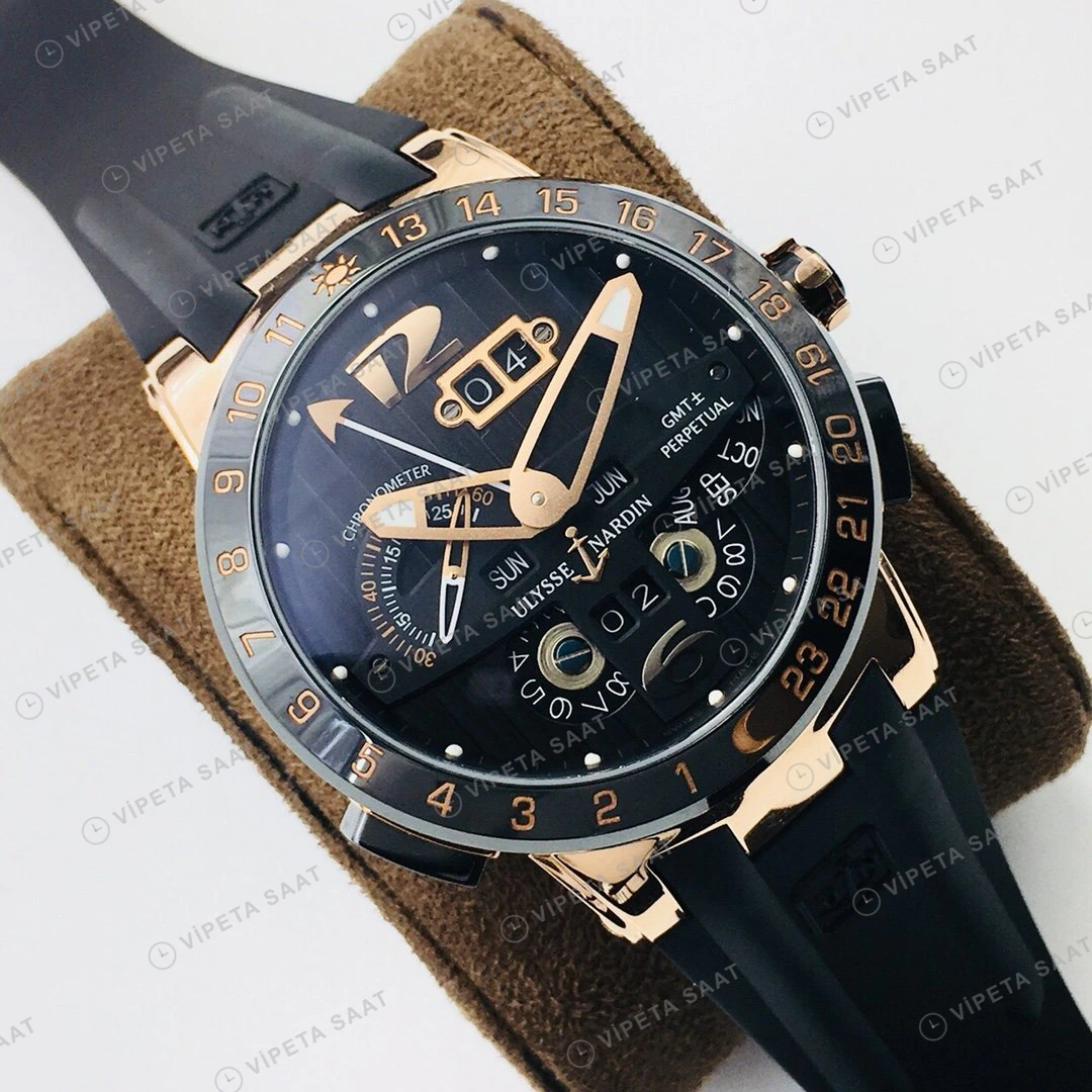 Ulysse Nardin El Toro GMT Perpetual Siyah Kadran Rose Gold Kauçuk 43mm Super Clone ETA Eta Saat detay 9