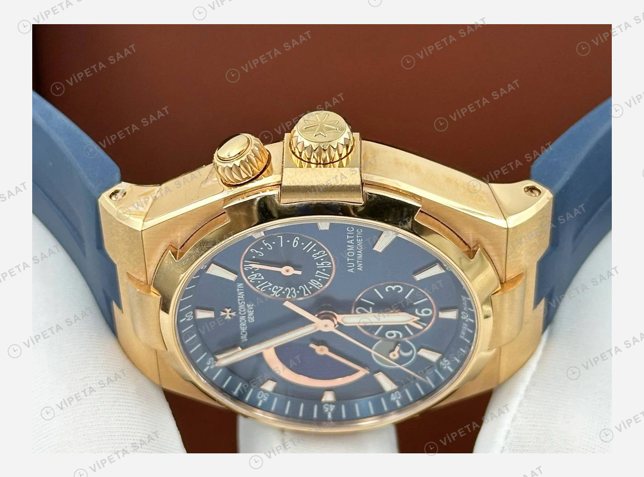 Vacheron Constantin 41 mm Overseas Rose Mavi Ay Evreli Kauçuk Super Clone ETA Eta Saat detay 3