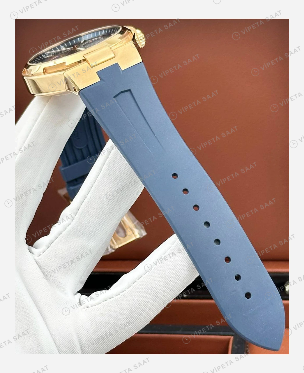 Vacheron Constantin 41 mm Overseas Rose Mavi Ay Evreli Kauçuk Super Clone ETA Eta Saat detay 4