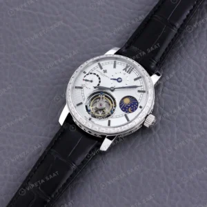 Vacheron Constantin Tourbillon Moonphase Beyaz Kadran Celik Elmas Bezel Siyah Deri Kordon Super Clone Eta Eta Saat karşıdan görünüm