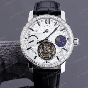 Vacheron Constantin Tourbillon Moonphase Beyaz Kadran Celik Elmas Bezel Siyah Deri Kordon Super Clone Eta Eta Saat detay 3
