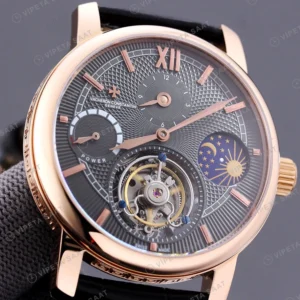 Vacheron Constantin Tourbillon Moonphase Gri Kadran Rose Kasa Siyah Deri Kordon Super Clone Eta Eta Saat karşıdan görünüm