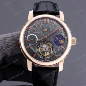 Vacheron Constantin Tourbillon Moonphase Gri Kadran Rose Kasa Siyah Deri Kordon Super Clone Eta Eta Saat detay 3