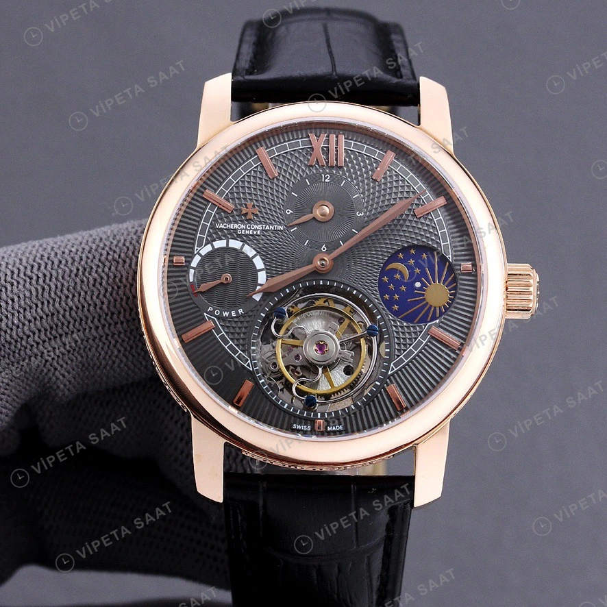 Vacheron Constantin Tourbillon Moonphase Gri Kadran Rose Kasa Siyah Deri Kordon Super Clone Eta Eta Saat detay 3