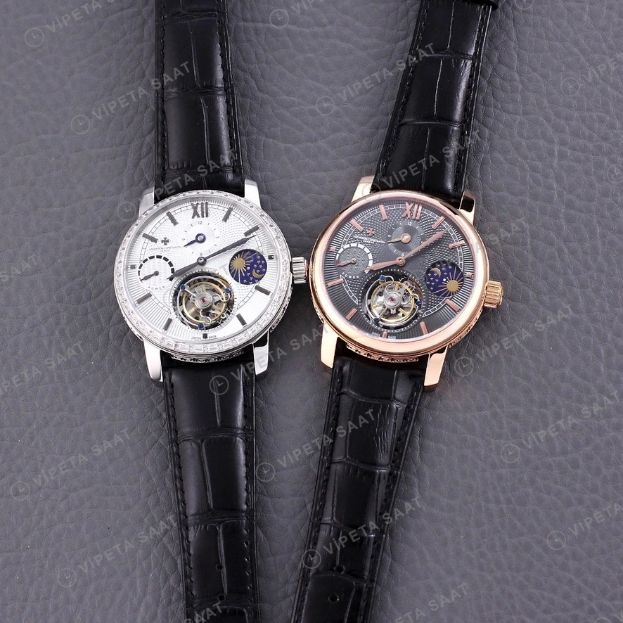 Vacheron Constantin Tourbillon Moonphase Gri Kadran Rose Kasa Siyah Deri Kordon Super Clone Eta Eta Saat detay 4
