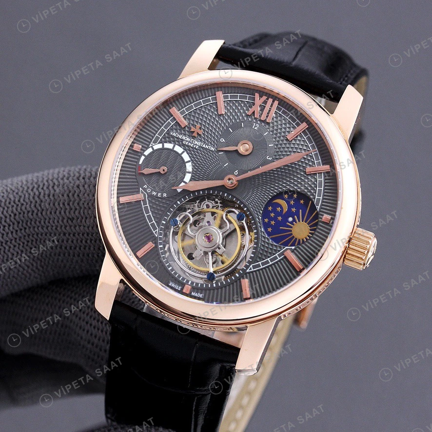 Vacheron Constantin Tourbillon Moonphase Gri Kadran Rose Kasa Siyah Deri Kordon Super Clone Eta Eta Saat detay 5