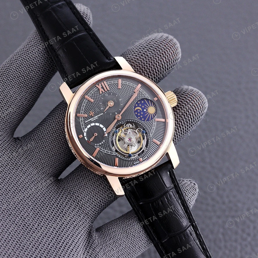 Vacheron Constantin Tourbillon Moonphase Gri Kadran Rose Kasa Siyah Deri Kordon Super Clone Eta Eta Saat detay 6