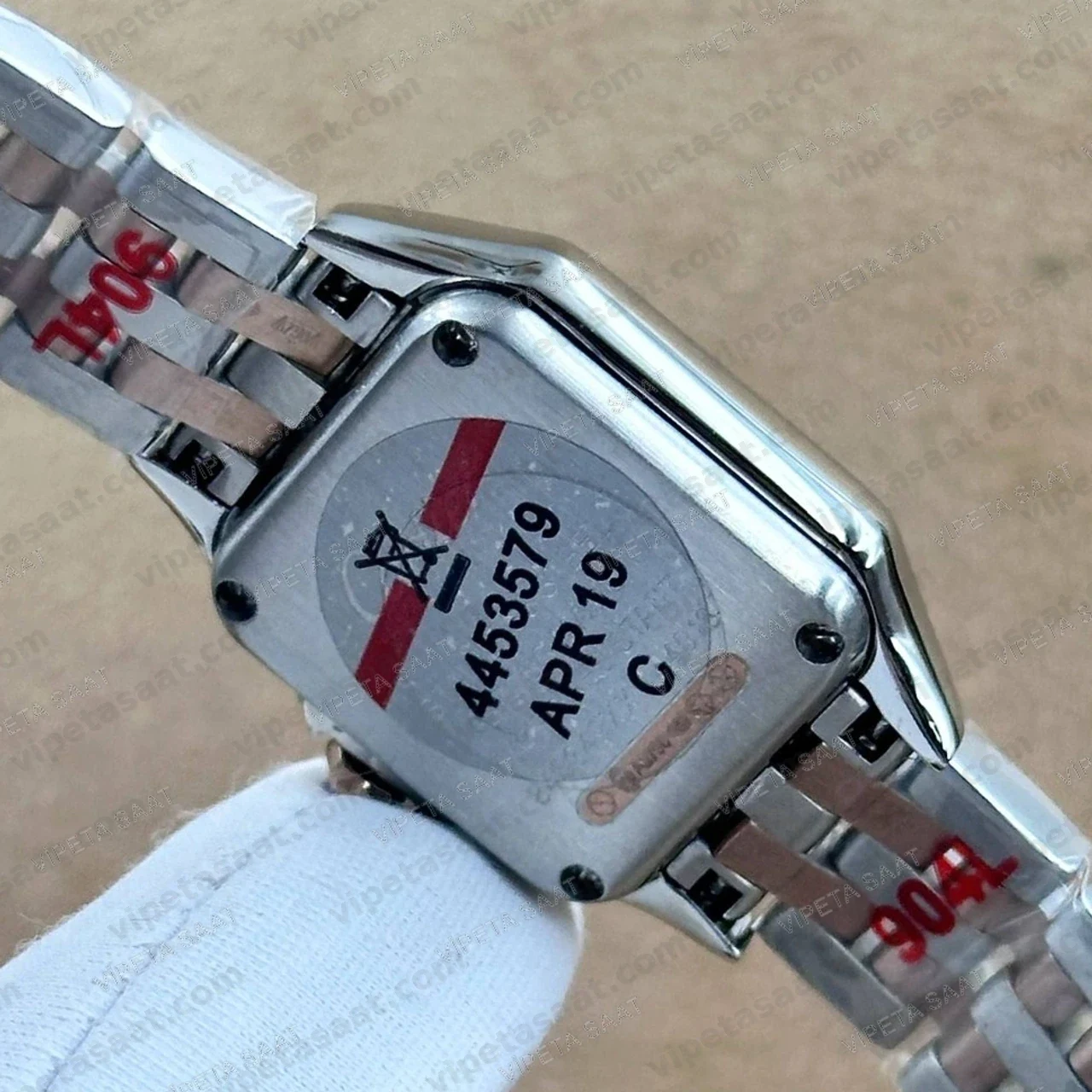 Cartier Panthere Düz Bezel Beyaz Roma Rakamlı Kadran Two Tone Rose Gold Çelik Bilezik Bayan Super Clone ETA Saat Detay Görsel 4