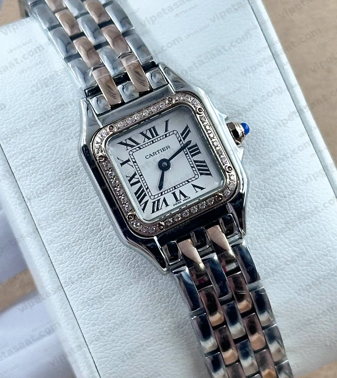 Cartier Panthere Pırlanta Bezel Beyaz Roma Rakamlı Kadran Two Tone Rose Gold Çelik Bilezik Bayan Super Clone ETA Saat - Görsel 2