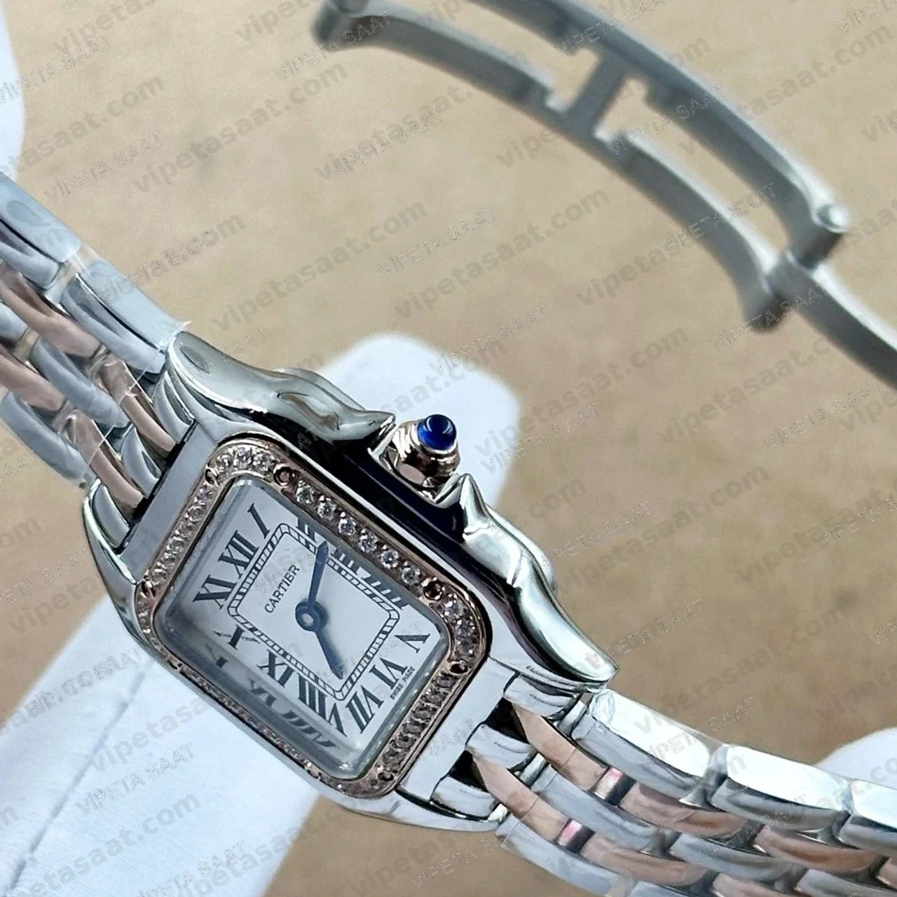 Cartier Panthere Pırlanta Bezel Beyaz Roma Rakamlı Kadran Two Tone Rose Gold Çelik Bilezik Bayan Super Clone ETA Saat - Görsel 3