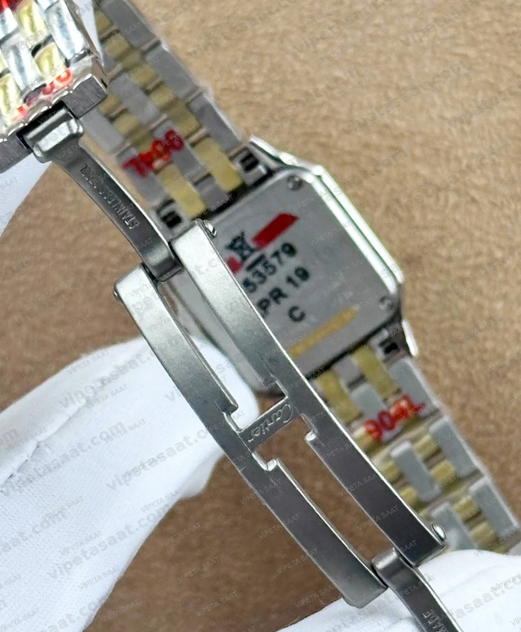 Cartier Panthere Pırlanta Bezel Beyaz Roma Rakamlı Kadran Two Tone Sarı Altın Çelik Bilezik Bayan Super Clone ETA Saat - Görsel 6